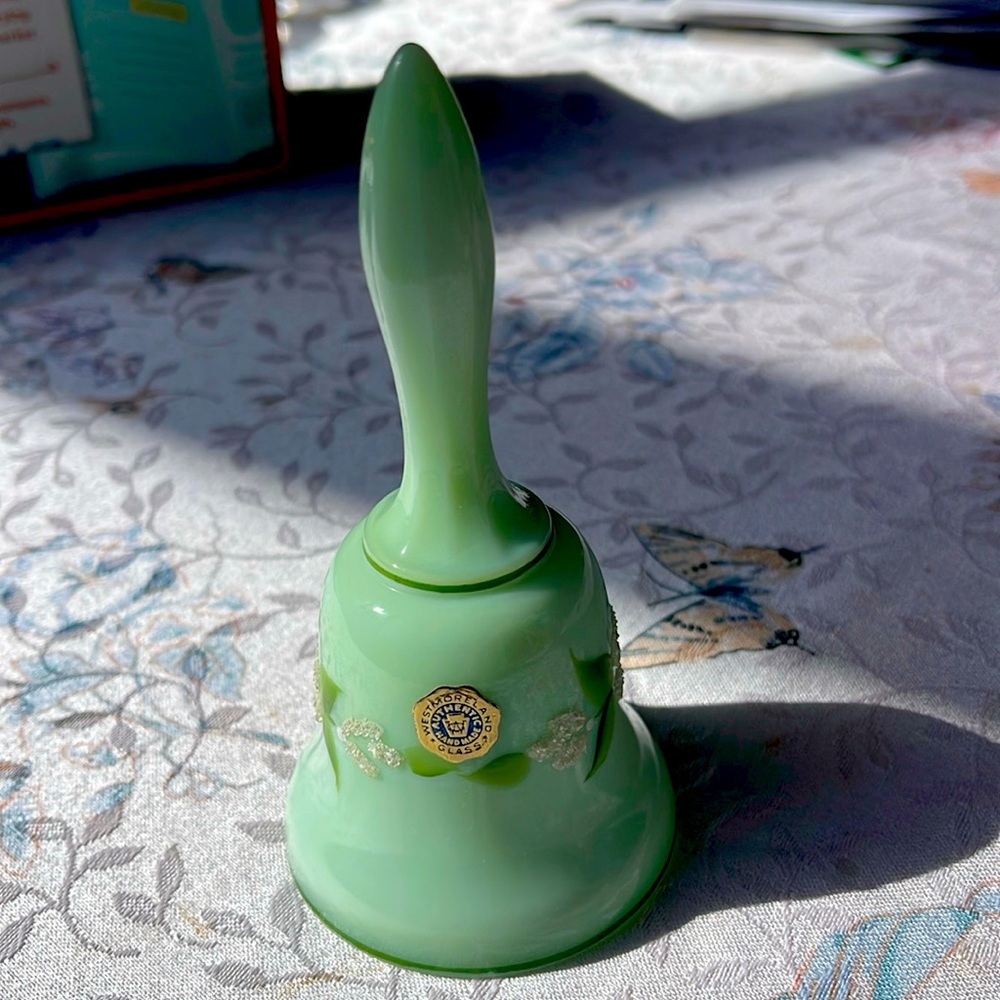 Small Handmade Vintage 1979 green milk glass bell Westmoreland signed 5”
